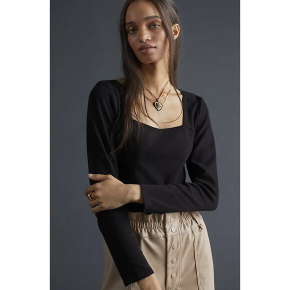 NEW Anthropologie T.La Ribbed Square-Neck Moss Top - Size: Small - Picture 1 of 8